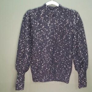 Ann Taylor Factory Balloon Sleeve Sweater Women's Size XS Mock Neck Black Gold
